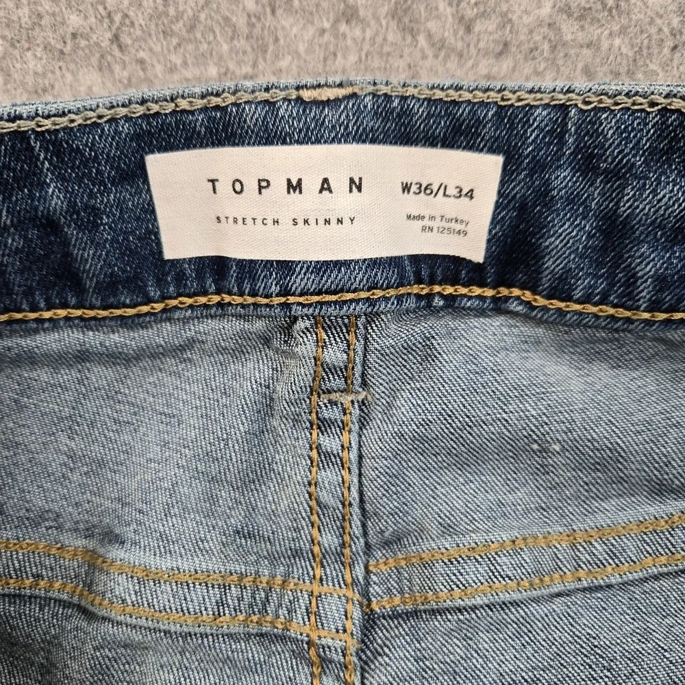 Topman Stretch Skinny Jeans Mens 34x32 (tag 36x34) Blue Distressed Stretch Denim